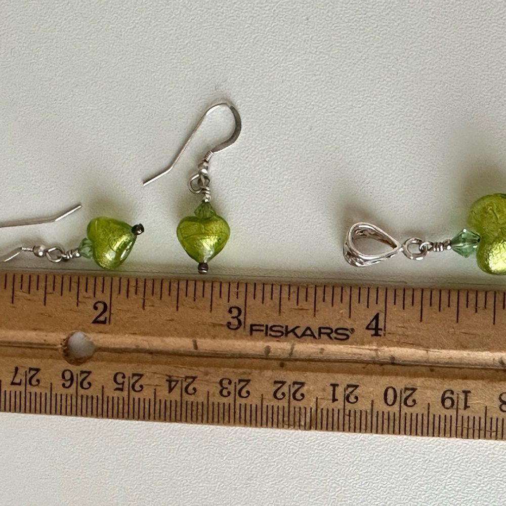 Sterling silver  apple green silver foil glass heart pendant, and earring set